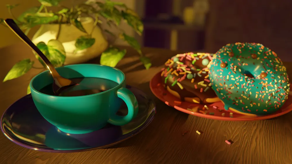 Tea and donuts, 3D render
