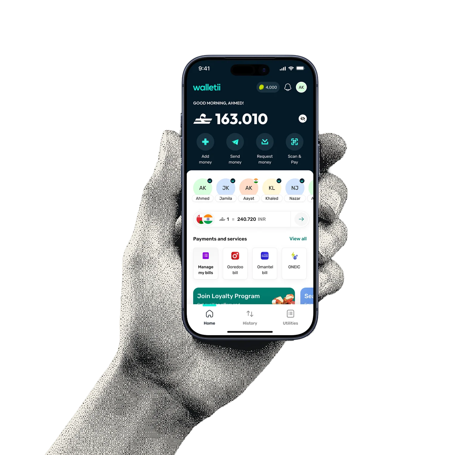 walletii home screen on a phone held in a hand