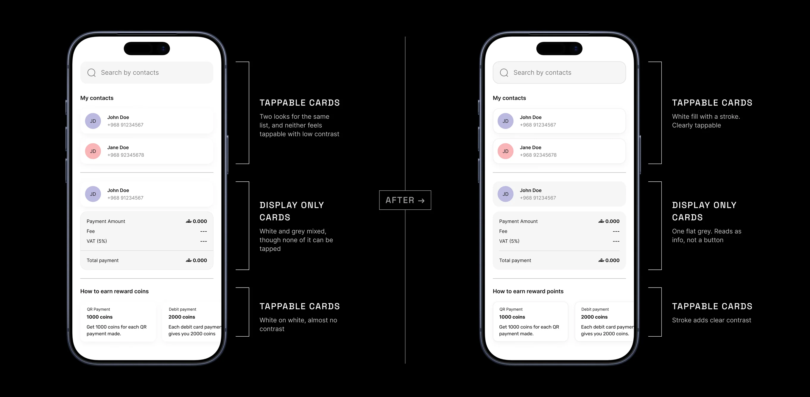 Before and after of tappable and display-only cards